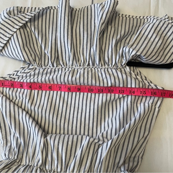 H&M Off-the-Shoulder Striped Jumpsuit 100% Cotton Side Pockets Elastic Neck Sz 6 - Picture 13 of 15